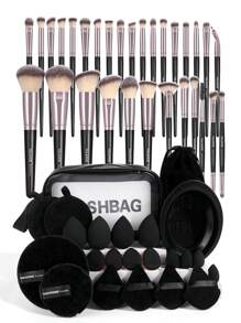MAANGE 30pcs Professional Makeup Brushes With Velvet Bag+20pcs Powder Puff Accessories+1pc Silicone Cleaning Bowl+1pc Waterproof Wash Bag,Makeup Tools With Soft Brush Hair For Easy Carrying,Foundation Brush,Eye Shadow Brush,Blending Brush,Eyebrow Brush,Brush Set For Travel - 黑色 - 查看 12