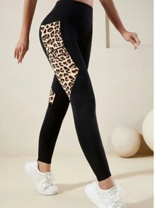 Women High Waisted Leopard Print Pocket Splice Fitness Leggings, High Stretchy Yoga Pants, Athletic & Activewear