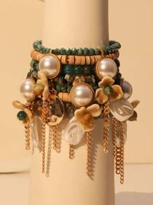 1 Stück übertriebenes mehrschichtiges Armband mit Kokosschalen-Kristallblumen Quaste, geeignet für Frauen für Strand, Party, Date, formelle Anlässe und den täglichen Gebrauch, Valentinstag, Muttertag, Geschenk