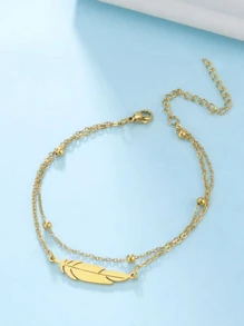 1pc Holiday Vibe Free Spirit Charm Bracelet, Multi Pendant Combo With Rhinestones, Double Layered Feather, Golden Gala Jewelry, Stainless Steel Anklet Gift, Suitable For Casual Daily Wear For Women