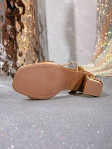 Elegant Women's Gold Open Toe Electroplated High Metallic Thick Heel Mules, Attractive Metal Decor Party Summer Strap Slide Sandals, Comfortable For Formal Dresses And Casual Daily Wear