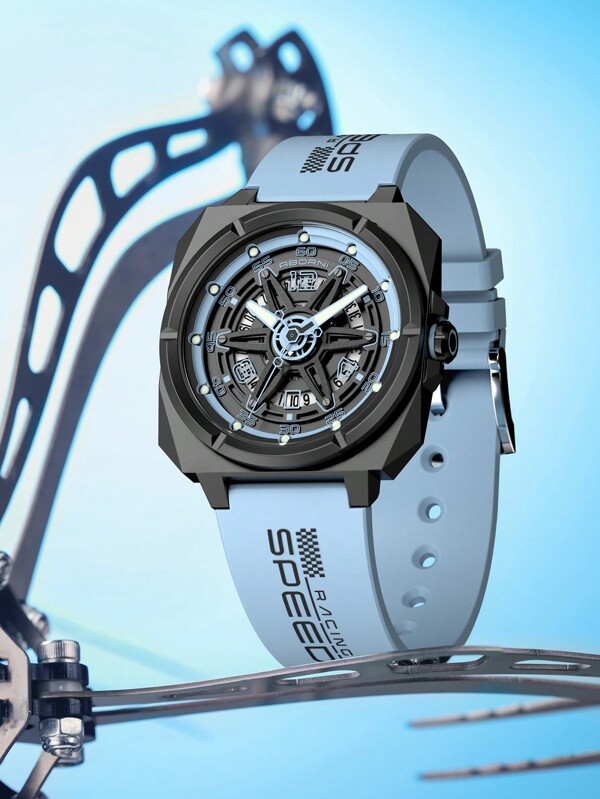 ABORNI 1pc ABORNI Starry Sky Series Rectangular Men's Sports Student Mechanical Style Quartz Watch With Silicone Band & Luminous Dial