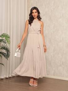 Tres Maria Women's Plain Long Dress High Neck With Belt - Màu be - Xem 1