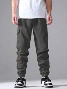 Plus Size Men Solid Color Casual Streetwear Drawstring Waist Flap Pocket Cuffed Cargo Pants - Dark Grey - View 2