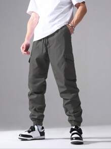 Plus Size Men Solid Color Casual Streetwear Drawstring Waist Flap Pocket Cuffed Cargo Pants - Dark Grey - View 1