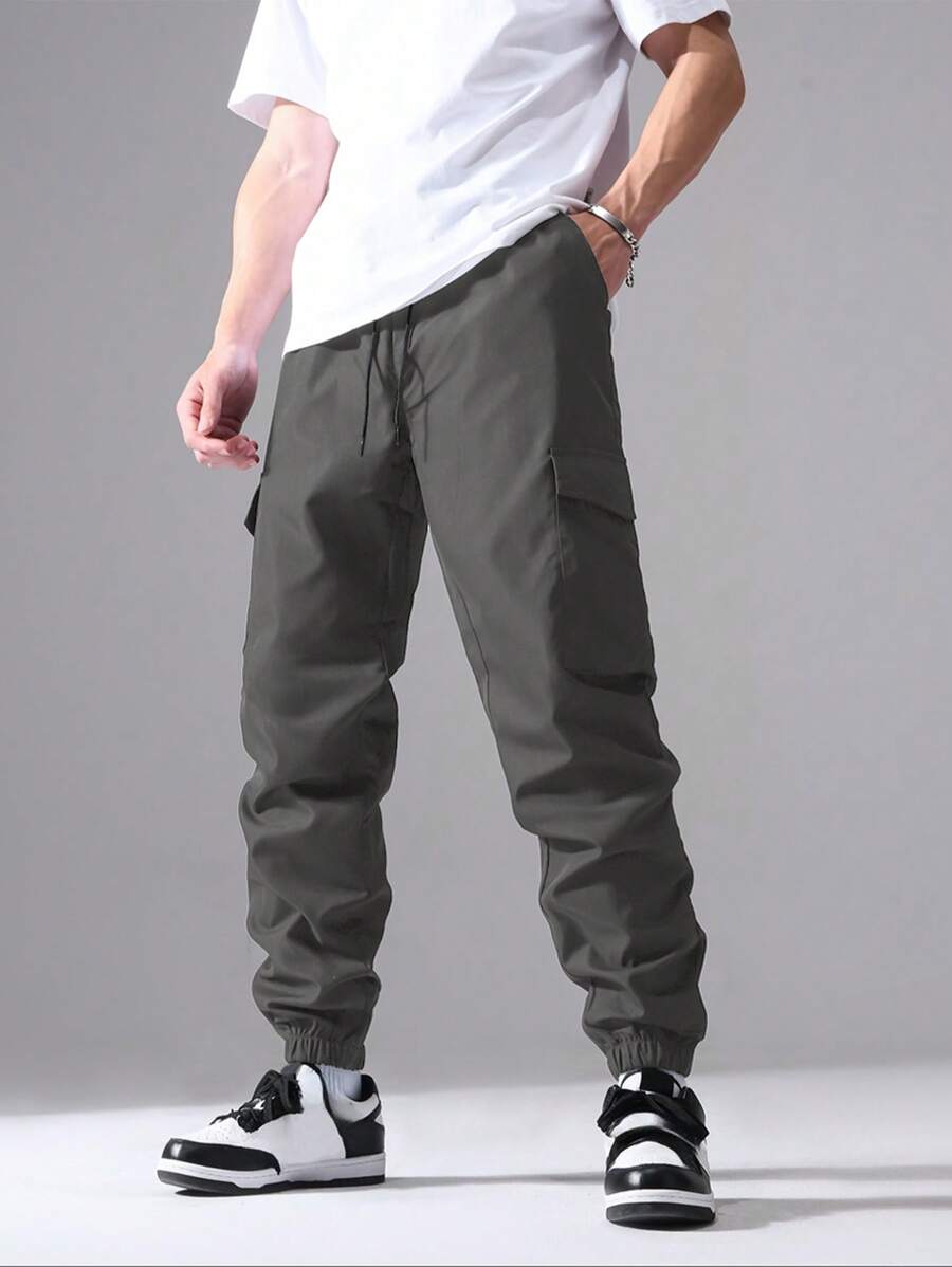 Plus Size Men Solid Color Casual Streetwear Drawstring Waist Flap Pocket Cuffed Cargo Pants - Dark Grey - View 1