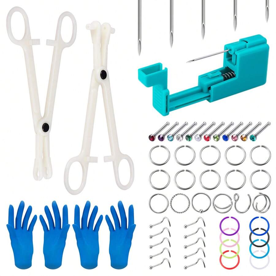 Bộ dụng cụ xỏ khuyên mũi 58 chiếc cho bộ khuyên mũi xương mũi, bao gồm 2 nhíp, 4 găng tay, 5 kim, 1 dụng cụ xỏ khuyên màu xanh lá cây, 46 khuyên mũi - Nhiều màu - Xem 1