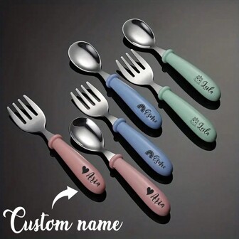 2 Pieces, Custom Name, With Small Pattern, Multiple Styles, Children's Cutlery Set, Kids Cutlery Spoon Fork Storage Box Set, Easter Gifts, Boys And Girls, Cutlery Set Holiday Gifts, Very Suitable For Preschool, Kindergarten Unified Custom One Set Of Cutlery, Perfect For School Lunch, Make Name Cutlery, With Transparent Storage Box