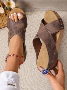 New Fashion Cross Design Wedge Slide Sandals, Casual Slip-On Wedge Sandals For Outdoor Wear, Anti-Slip Anti-Odor Lightweight Slippers Valentines