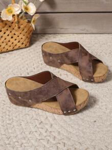 New Fashion Cross Design Wedge Slide Sandals, Casual Slip-On Wedge Sandals For Outdoor Wear, Anti-Slip Anti-Odor Lightweight Slippers Valentines