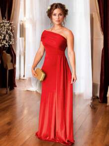 Long Women's Party And Event Dress Elegant Bridesmaids And Guests Fluity Knit With Lined Cup One Shoulder Unilateral Zero Sleeve Detail At The Waist Fluid Draped Shoulder One Size Fits 36 To 42 - 紅色 - 查看 3