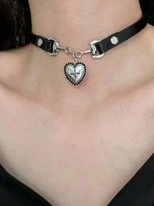 1 件甜美酷炫火辣女孩风格黑色爱心皮革女士项链宴会派对礼物送给朋友 - 黑色 - 查看 4