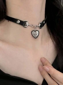 1 件甜美酷炫火辣女孩风格黑色爱心皮革女士项链宴会派对礼物送给朋友 - 黑色 - 查看 3