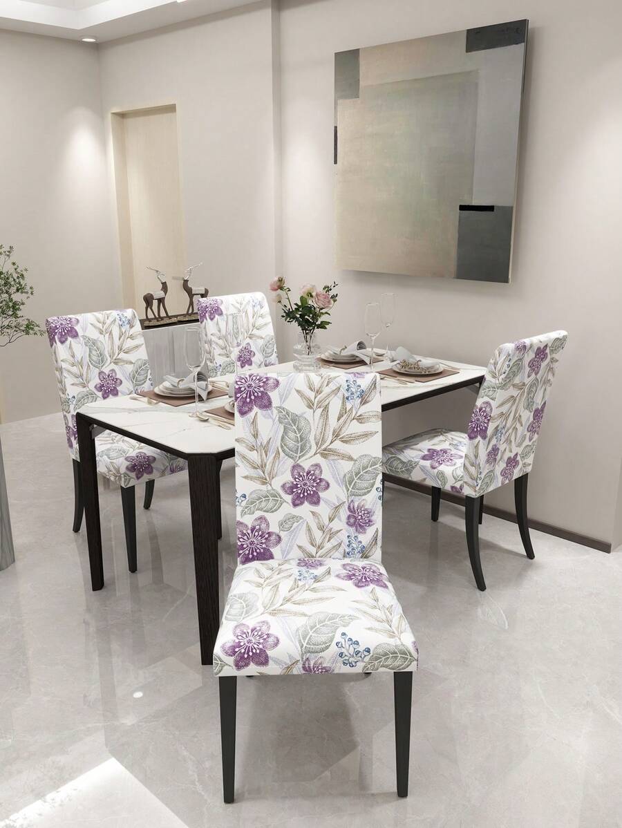 1/4 件叶子和花朵印花高背椅套，弹力牛奶丝面料，防尘/防污，适合客厅、餐厅、卧室、书房、所有季节 - 彩色 - 查看 1