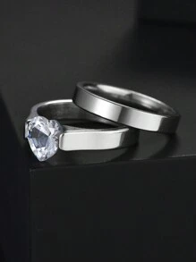 1pair Luxury Round Rhinestone Stainless Steel Rings, Fashion Personalized Ring Set For Women, Suitable For Valentine's Day, Wedding, Party, Birthday Gift, Daily Wear