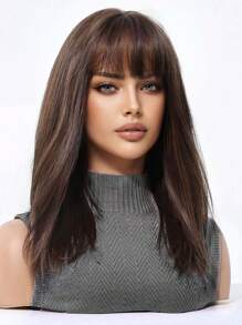 舒适自然弯曲 14 英寸深棕色短鲍勃假发，带刘海分层时尚假发，适合女士合成纤维假发，适合完美的假日旅行家庭聚会日常佩戴假发 - Dark Brown - 查看 5