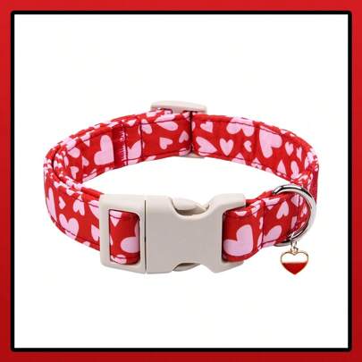 1pc Adjustable Multi-Color Dog Collar With Valentine's Style Prints, Fit Small/Medium/Large Dogs, Cartoon Red/Pink Heart Pattern, With Cute Metal Heart Pendant, Quick Release Buckle And Zinc Alloy Ring, High-Quality Pet Collar Suitable For Female Dogs