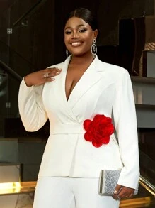 女士白色西装外套配衬里红色 3D 花朵腰带女士办公室优雅工作服上衣长袖节日派对