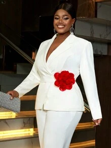 女士白色西装外套配衬里红色 3D 花朵腰带女士办公室优雅工作服上衣长袖节日派对
