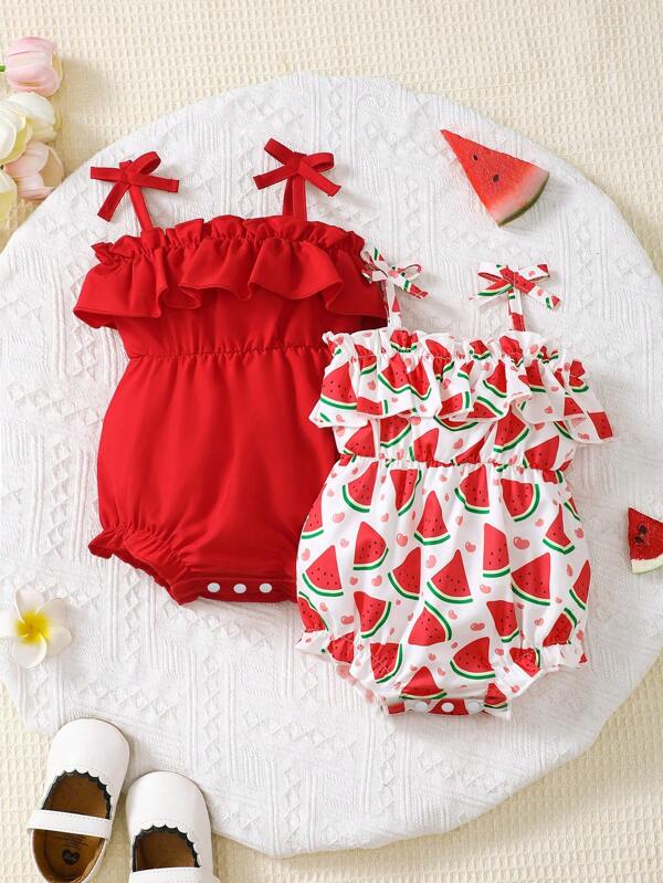Baby Girl Summer Fashion Solid & Fruit Print 2 Pieces Bodysuit Sets
