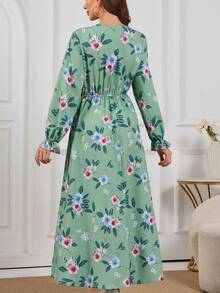 Spring & Winter Clothes New Floral Print Maxi Dress Vacation Loose Belted Ladies Allover Print Ruffled Cuffs Fashionable Long Sleeved Hot Style For Women - Green - View 3