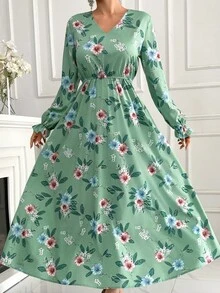 Spring & Winter Clothes New Floral Print Maxi Dress Vacation Loose Belted Ladies Allover Print Ruffled Cuffs Fashionable Long Sleeved Hot Style For Women - Green - View 7