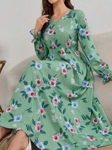 Spring & Winter Clothes New Floral Print Maxi Dress Vacation Loose Belted Ladies Allover Print Ruffled Cuffs Fashionable Long Sleeved Hot Style For Women - Green - View 1