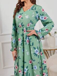Spring & Winter Clothes New Floral Print Maxi Dress Vacation Loose Belted Ladies Allover Print Ruffled Cuffs Fashionable Long Sleeved Hot Style For Women - Green - View 6