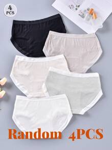 4pcs Random Color Women's Briefs Japanese Letter Simple Solid Color Mid Waist Comfortable Hip Girl Basic Sexy School Black Panties Ladies Underwear
