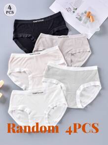 4pcs Random Color Women's Briefs Japanese Letter Simple Solid Color Mid Waist Comfortable Hip Girl Basic Sexy School Black Panties Ladies Underwear