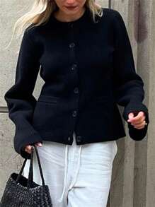 Women's Solid Color Cardigan Long Sleeve Crew Neck Button Down Sweater Knit Tops With Pockets Fall Fashion For Women - Black - View 4