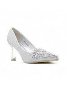 Luxury Sequin & Rhinestone Embroidered Pointed Toe High Heels For Wedding, Party, Celebration Stylish High Heels - Argent - View 3