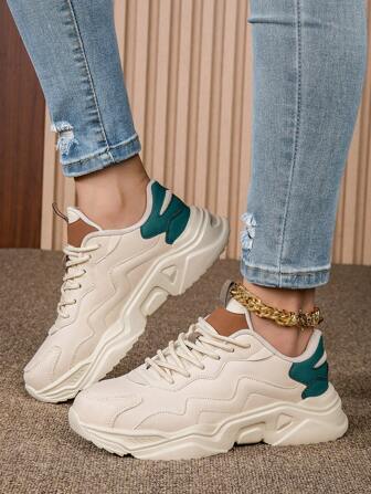 女士休闲运动鞋，新款春秋系带低帮皮革与网眼拼接透气舒适轻便男女通用运动鞋，时尚厚底防滑耐用户外休闲散步旅行情侣鞋，中帮皮革鞋面防水经典白色运动鞋