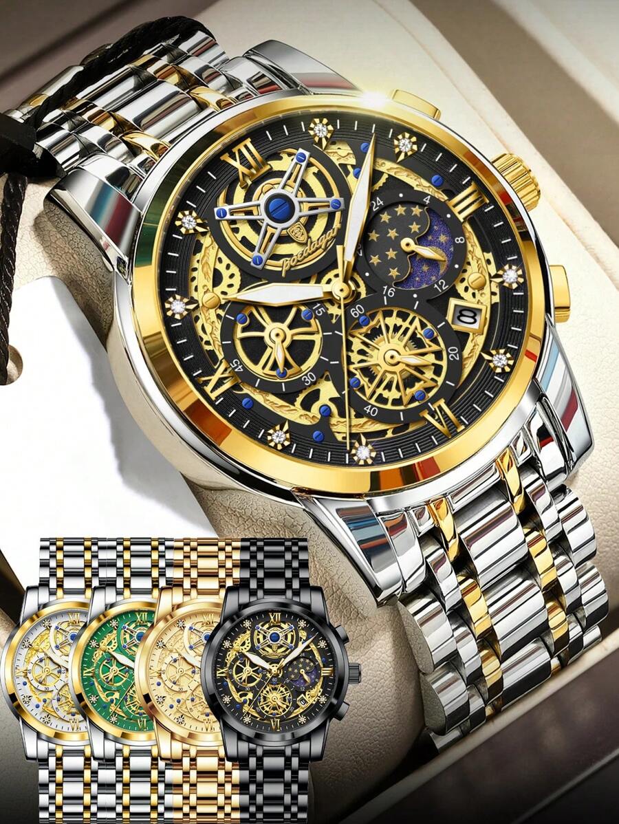 POEDAGAR 1 chiếc đồng hồ thạch anh thời trang nam bằng thép không gỉ chống thấm nước phát sáng, đồng hồ đeo tay thể thao nam có chức năng bấm giờ ngày, đồng hồ nam thường ngày có hộp, phù hợp để đeo hàng ngày, quà tặng nam