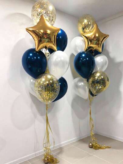 Set de 8 globos de látex azul tinta con confeti y cinta dorada con láser en forma de estrella para decoración de cumpleaños, graduación, fiesta de soltera, aniversario, boda, regreso a la escuela, Día de San Valentín