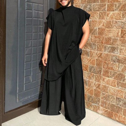 Mens Short Sleeve Tops Robe Kaftan Shirt Elastic Waist Wide-Leg Long Pants Trousers Summer Holiday Casual 2PCS Sets Outfits
