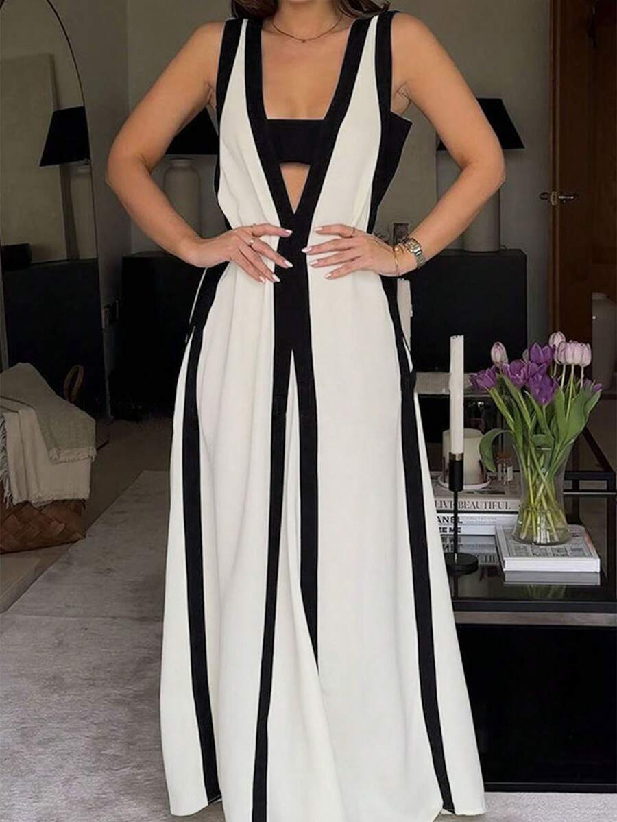 2025时尚新款长裙春季复古音乐节派对法式优雅性感风格女士撞色连衣裙复古简约法式无袖纯色对称约会