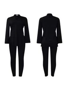 Women's Plus Size Tracksuits Outfits Solid Color V-Neck Long Sleeve Slit Hem Tops With Leggings 2 Pcs Set - Black - View 3