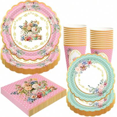 Suministros para la fiesta del té, vajilla floral para fiesta del té, decoraciones para fiesta del té - 10 tazas de papel y platitos de té, platos y servilletas para fiesta del té, despedida de soltera, cumpleaños, boda