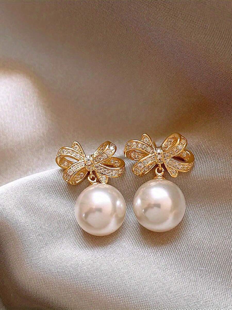 1 对，精致的金色蝴蝶结吊坠耳环，配人造珍珠 - 垂坠和垂坠，优雅经典风格，时尚优雅的女士配饰，非常适合日常佩戴、度假和特殊场合 - 彩色 - 查看 1