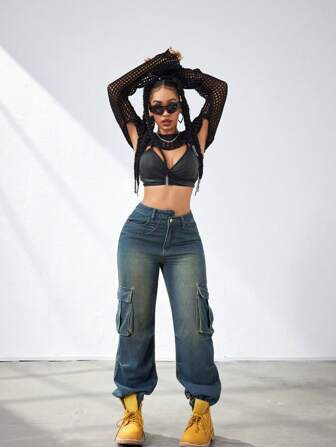 Y2K Street American New Vintage Washed Asymmetrical Waist Flap Pocket Side Wide Leg Cargo Jeans