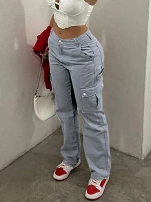 NVFelix New Retro Y2K Cargo Pants For Women - Stretch Flap Pocket Design, Streetwear Style (Fall Clothes) - Màu Xám nhạt - Xem 5