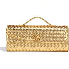Suitable For Women Evening Woven Clutch Bag Casual Fashion Shoulder Bag Single Shoulder Handbag Vegan Leather Crossbody Bag - 金色 - 查看 1