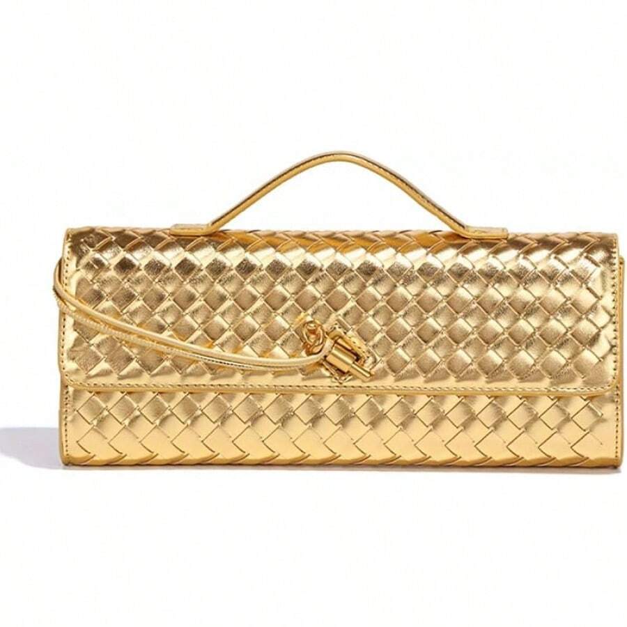 Suitable For Women Evening Woven Clutch Bag Casual Fashion Shoulder Bag Single Shoulder Handbag Vegan Leather Crossbody Bag - 金色 - 查看 1