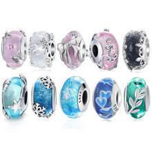 bamoer 1 件 925 纯银可爱粉红蝴蝶欧洲穆拉诺玻璃吊饰蓝色雪花珠适用于 DIY 吊饰手链圣诞礼物
