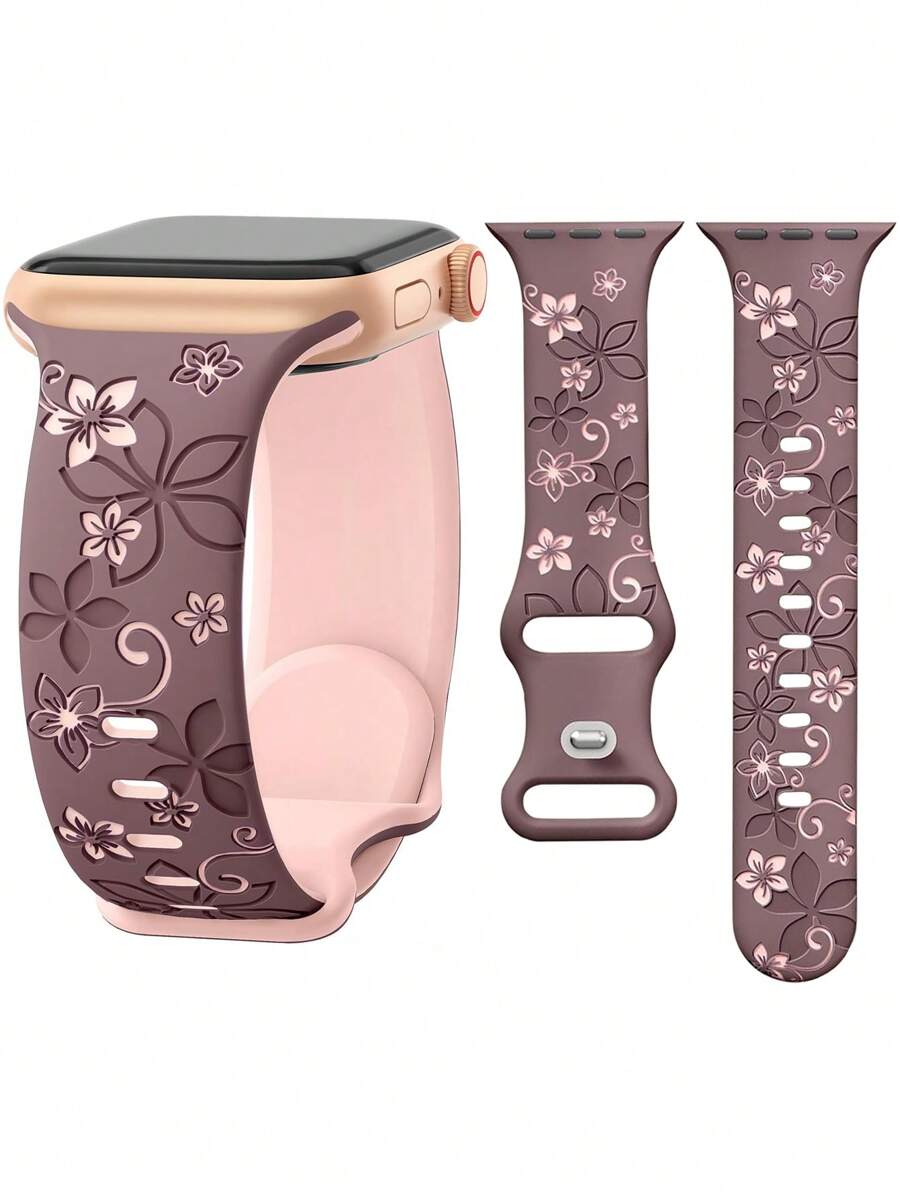 花卉雕花表带,兼容 表带 41 毫米 40 毫米 44 毫米 45 毫米 42 毫米 38 毫米 49 毫米 46 毫米,可爱花朵,柔软硅胶运动表带,兼容 Series 11 10 Se 9 8 7 6 5 4 3 Ultra,女士时尚花卉元素表带 - 煙紫配粉 - 查看 1