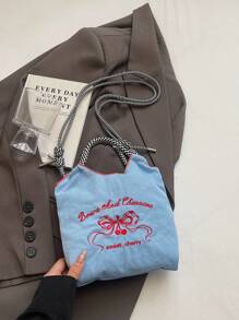 Korean Style Casual Embroidery Bow Shopping Tote Bag, Colorful Nylon Shoulder Bag With Bow - Multicolor - View 13