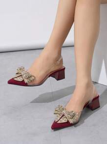 女士蝴蝶结高跟鞋，时尚尖头PVC透明包头粗跟鞋，优雅百搭，适合日常穿着、通勤、派对、活动、礼服等场合，酒红色奢华水晶装饰粗跟鞋，2025新款新娘婚鞋，正式场合鞋履，天鹅绒酒红色高跟鞋，适合圣诞节、新年等场合。