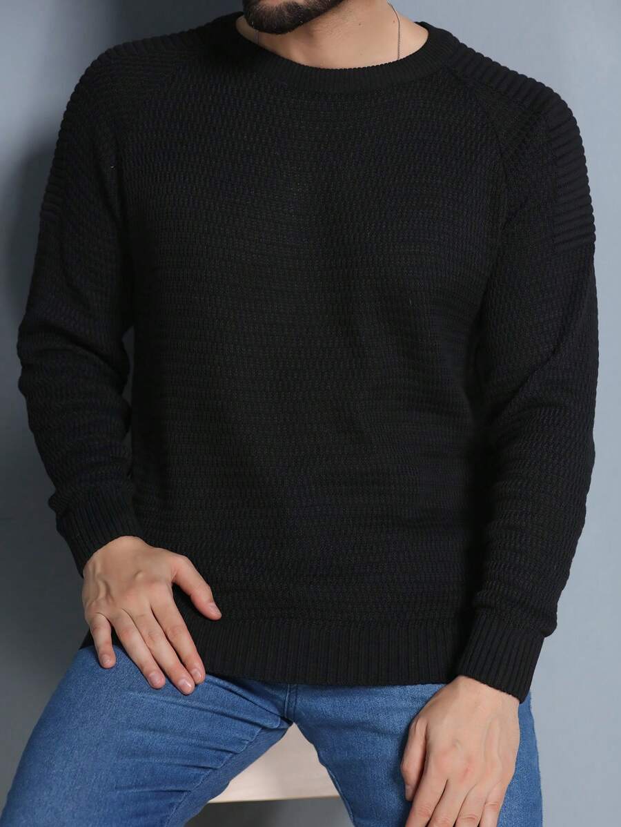 Men's Knitted Sweater Coat Sweater Cold Weather Round Neck Long Sleeve Wool Blouse - Black - View 1