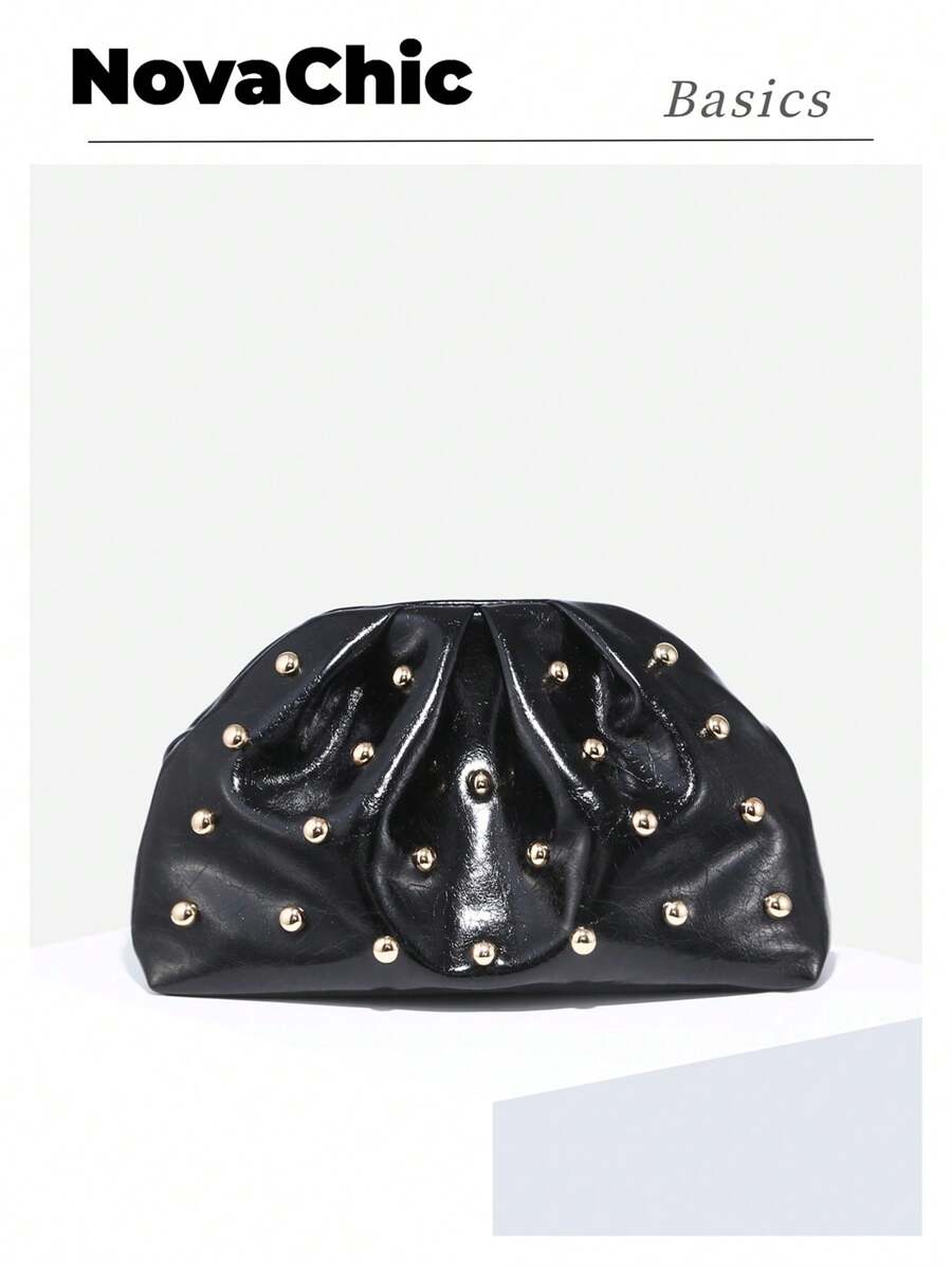 1pc Retro Rivet Decor Pleated Clutch Bag, Minimalist & Fashionable Design For Women, Suitable For Daily, Party And Other Occasions